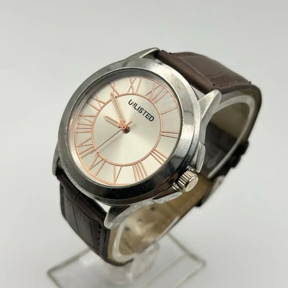 UNLISTED UL1295 Silver Tone Brown Leather 42mm Men’s Watch Working